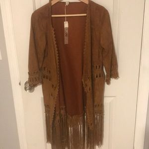 Faux suede fringe kimono